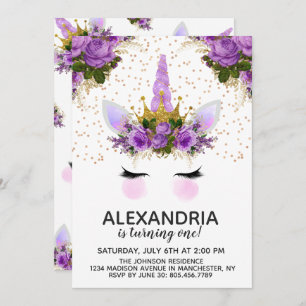 Invitation Unicorne Florale Violet Princesse Anniversaire