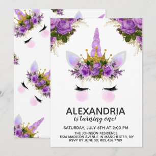 Invitation Unicorne Florale Violet Princesse Anniversaire