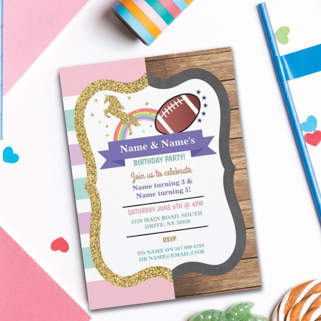Invitation Unicorne & Football Joint Boy Girl Anniversaire Ru (Créateur téléchargé)