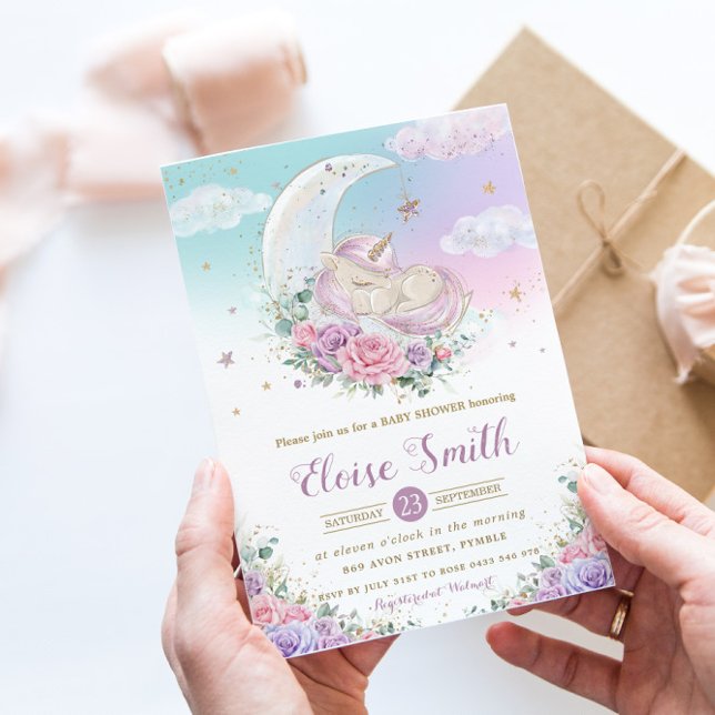 Invitation Unicorne lunaire blanc Baby shower floral violet (Créateur téléchargé)