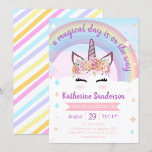 Invitation Unicorne magique florale aux filles face à l'anniv