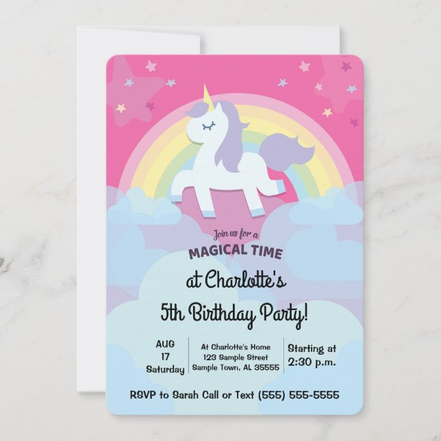 Invitation Unicorne magique personnalisée Anniversaire avec p (Devant)