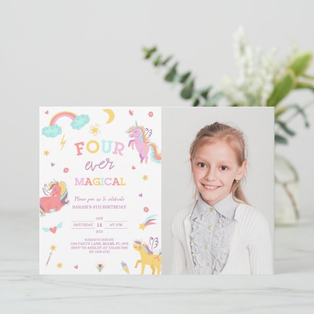 Invitation Unicorne magique Quatre Ever 4e anniversaire Photo (Debout devant)