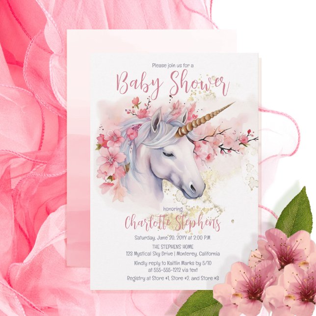 Invitation Unicorne mystique | Baby shower rose floral fille (Créateur téléchargé)