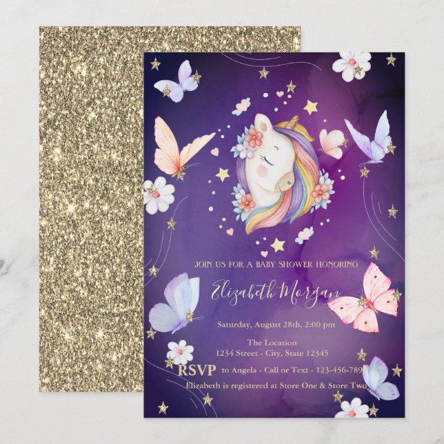 Invitation Unicorne Papillons Parties scintillant Violet Baby (Devant / Derrière)