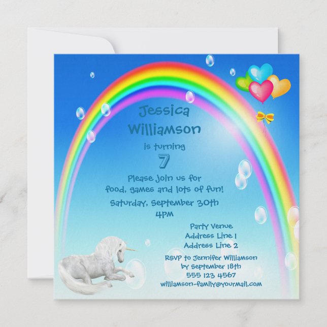 Invitation Unicorne, Rainbow Bubbles & Balloons Anniversaire (Devant)