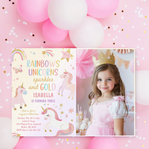 Invitation Unicorne Rainbow Sparkles Gold Birthday Photo