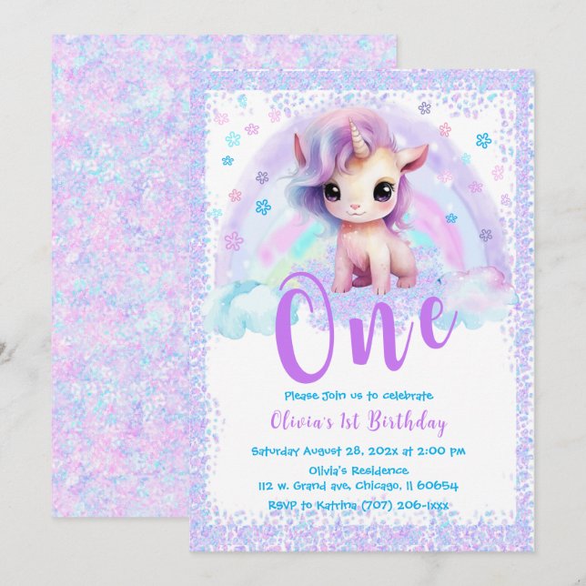 Invitation Unicorne rose et violet 1er anniversaire (Devant / Derrière)