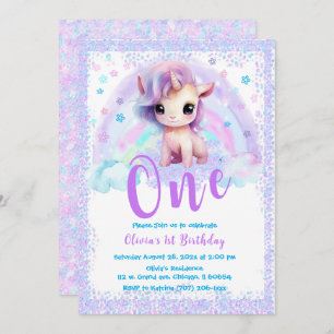 Invitation Unicorne rose et violet 1er anniversaire
