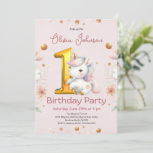Invitation Unicorne rose fille 1er anniversaire