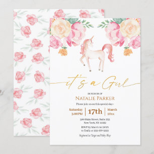 Invitation Unicorne rose Floral Aquarelle Bébé fille Douche