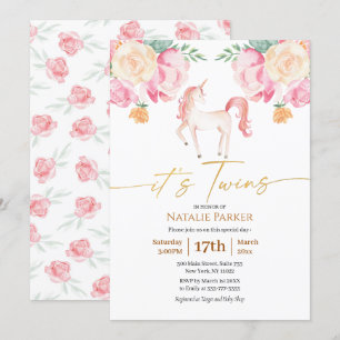 Invitation Unicorne rose Floral Aquarelle bébé Twins Douche