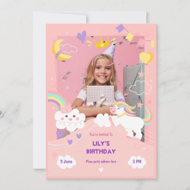 Invitation Unicorne rose mignonne personnalisés photo anniver (Devant)