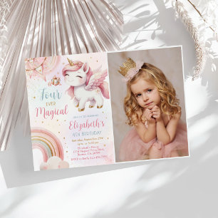 Invitation Unicorne rose Quatre jamais Magique Photo Annivers