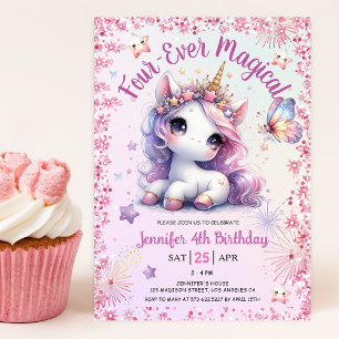 Invitation Unicorne rose rose vif quatre fois magique 4e anni