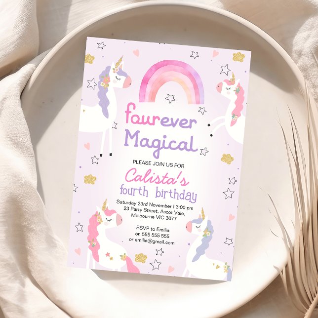 Invitation Unicorne rose violet frourever Magique 4e annivers (Fourever Magical Unicorn 4th Birthday Invitation, Unicorn Fourth Birthday Party Invite, Purple Pink)