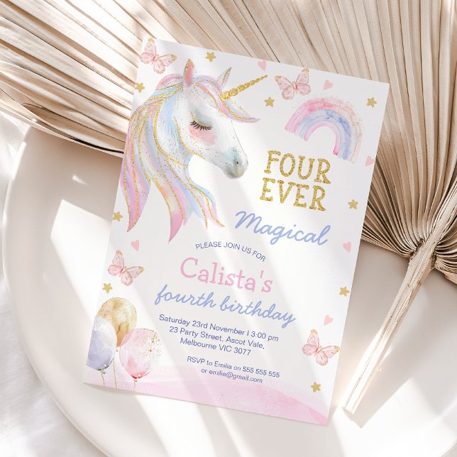 Invitation Unicorne rose violet quatre jamais magique 4e anni (Girls Unicorn Four Ever Magical 4th Birthday Invitation Template, Unicorn Themed 4th Birthday Invite)