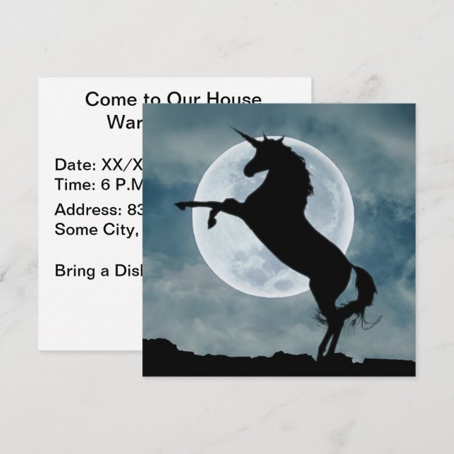 Invitation Unicorne Silhouette Pleine lune Maison Parti du ré (Devant / Derrière)