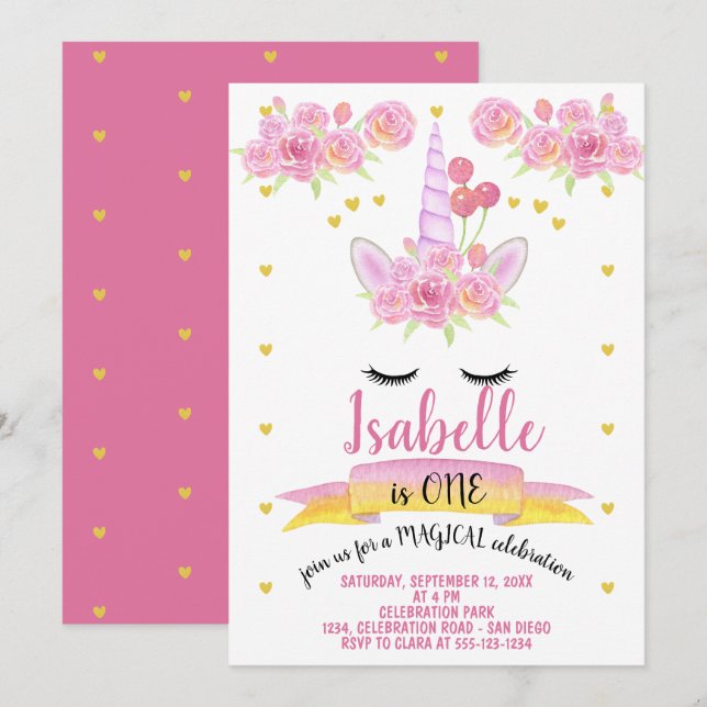 Invitation Unicorne Visage rose Aquarelle Florales Anniversai (Devant / Derrière)