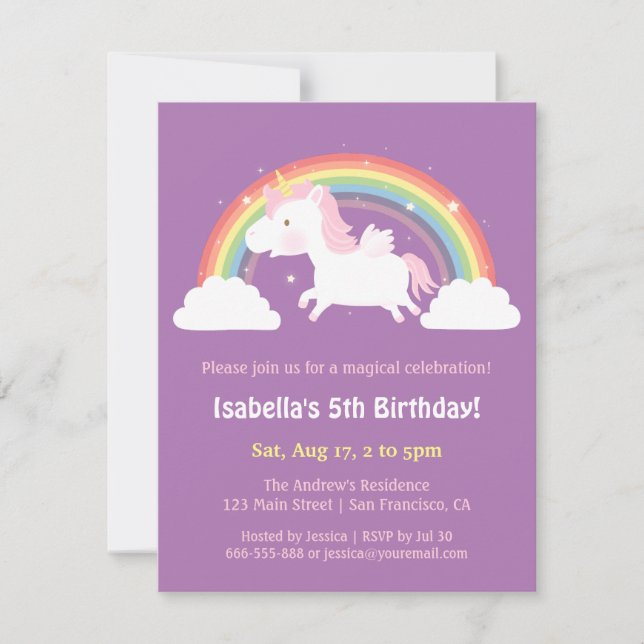 Invitation Unicorne volant au-dessus de Rainbow Girls Birthda (Devant)