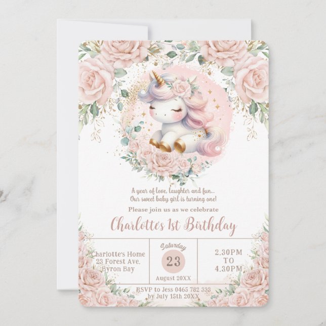 Invitation Unicorne Whimsical Blush rose floral fête d'annive (Devant)