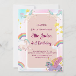 Invitation Unicornes colorées Rainbow rose Anniversaire Invit
