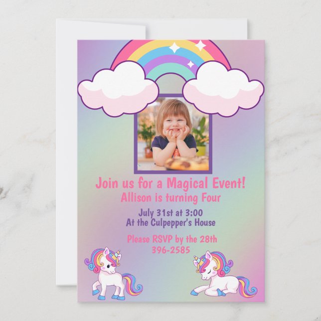 Invitation Unicornes magiques et photo d'enfant fête d'annive (Devant)