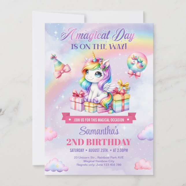 Invitation Unicornes magiques Purple Aquarelle 2e Anniversair (Devant)