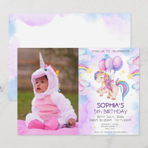 Invitation Unicornes magiques Purple Aquarelle fête d'anniver