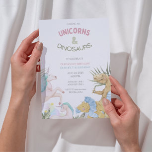 Invitation Unicornes mignonnes et dinosaures anniversaire con