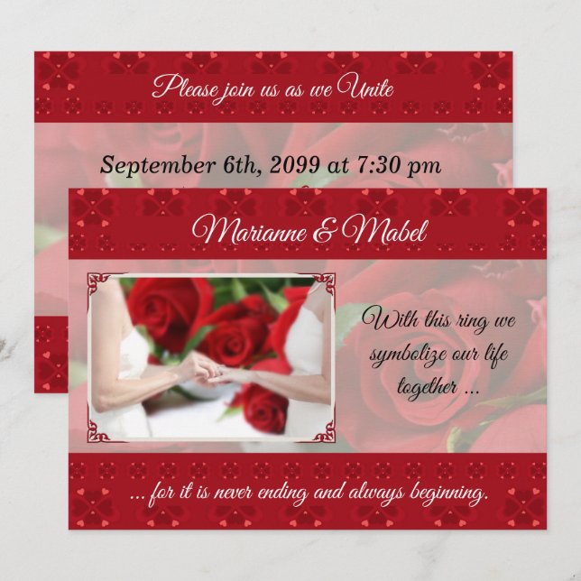 Invitation Union civile Mariage lesbienne avec des roses roug (Devant / Derrière)