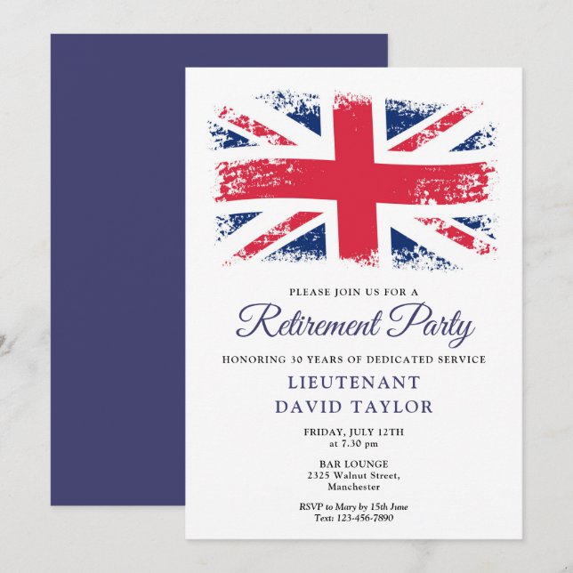 Invitation Union Jack patriotique Parti de la retraite du dra (Devant / Derrière)
