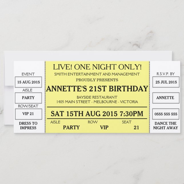 Invitation Unique Anniversaire (Billet Concert Sty (Devant)