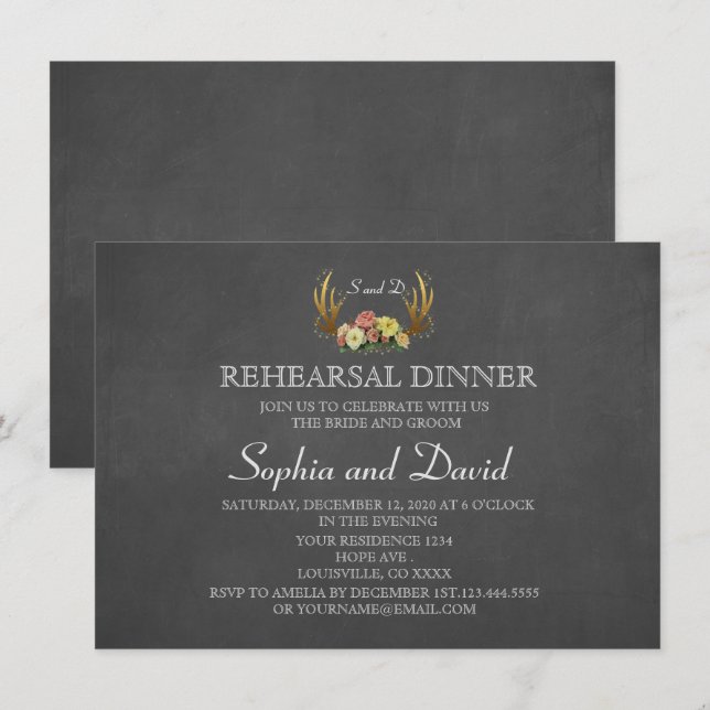 Invitation Unique Antlers Floral Mariage REHEARSAL DINNER (Devant / Derrière)