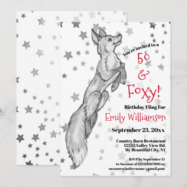 Invitation Unique Black White Red Fox Star Foxy 50e anniversa (Devant / Derrière)