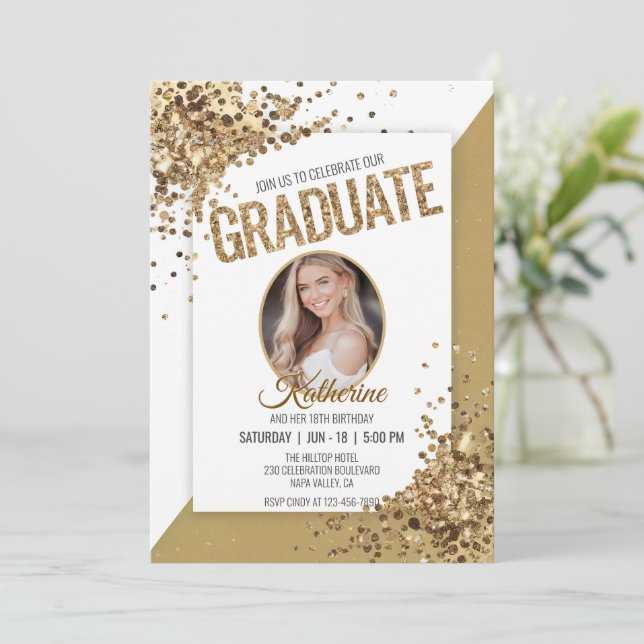 Invitation Unique Confetti Sparkling Birthday Graduate Photo (Debout devant)