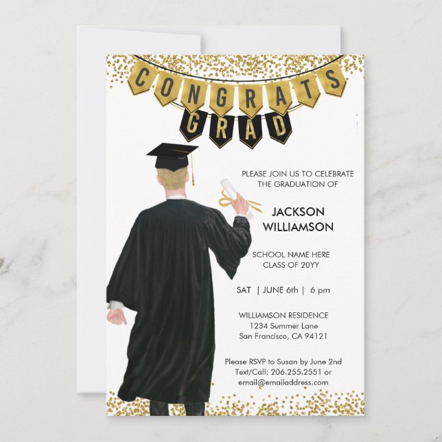 Invitation Unique de Graduation Homme Blonde Cheve (Devant)