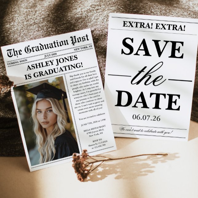 Invitation Unique Fun Newspaper Photo Graduation  (Créateur téléchargé)