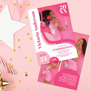 Invitation Unique Géométrique Rose Blanc Quatre Photo Graduat