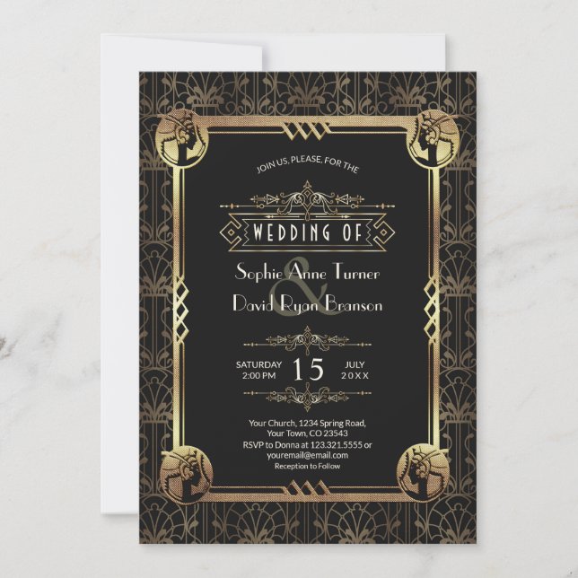 Invitation Unique Gold Black Great Gatsby Art Déco Mariage (Devant)