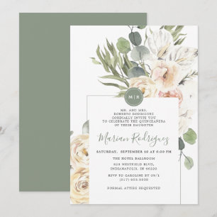 Invitation Unique Gree Floral Eucalyptus Monogram Quinceañera