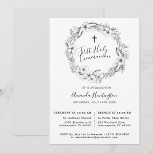 Invitation Unique Gris Floral Première Communion Holly