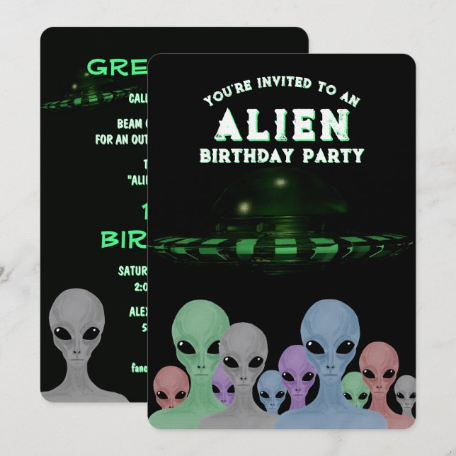 Invitation Unique Hand Drawn Aliens Kid's 10th Birthday Party (Devant / Derrière)