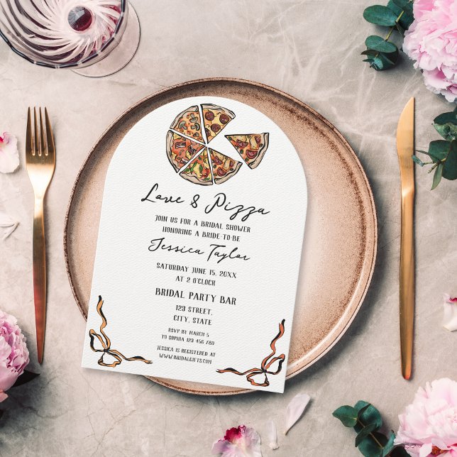 Invitation Unique main rouge tiré nuptiale Brunch Amour et pi (hand drawn cartoon pizza bridal shower invitation with bow border)