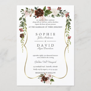 Invitation Unique Mariage d'or fleuri à la crème bourguignonn