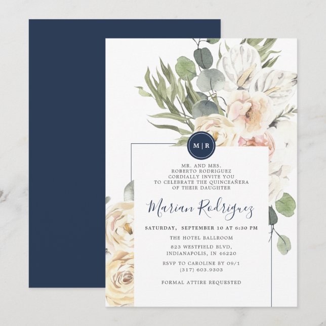 Invitation Unique Marine Floral Eucalyptus Monogram Quinceañe (Devant / Derrière)