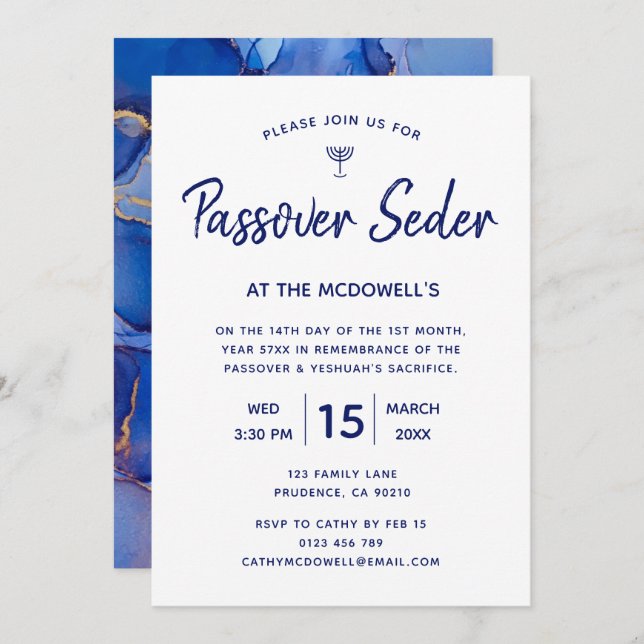 Invitation unique pour le Seder de Pâque bleu et o (Devant / Derrière)