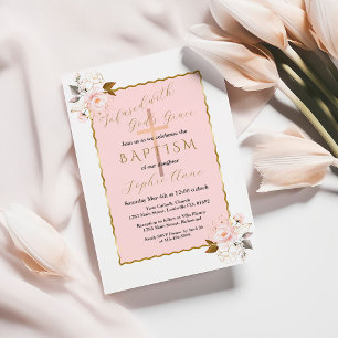 Invitation Unique Rose Blush Gold Flowers Girl Baptism