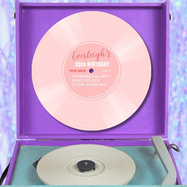 Invitation Unique Rose Vinyl Record Musique Anniversaire Invi (Pink color vinyl record pop birthday invitation with pink label)