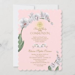 Invitation Unique Tropical White Orchidée Gold Holy Communion